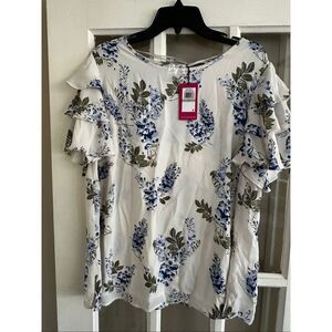 Vince Camuto 1X floral lined ruffle short sleeve top blouse lightweight